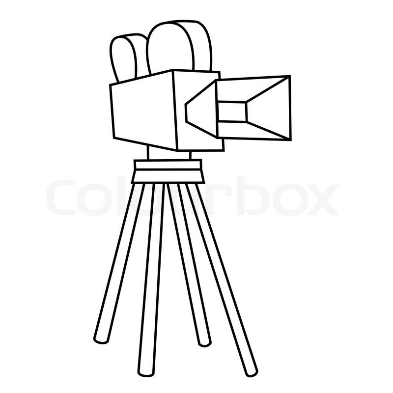 800x800 Black Outline Vector Movie Camera On White Background. Stock