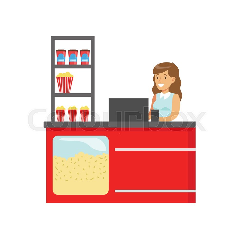 800x800 Happy People In Cinema Theatre, Purchasing Tickets And Popcorn