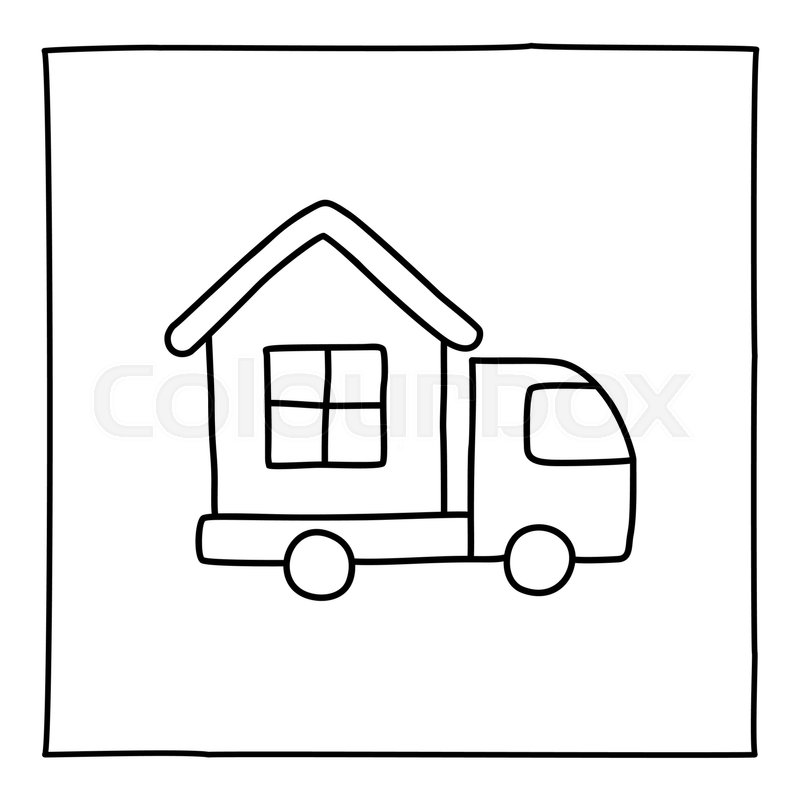 800x800 Doodle House On Truck Icon. Black White Symbol With Frame. Line