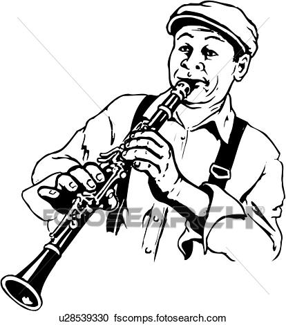 414x470 Clipart Of Illustration, Lineart, Clarinet, Player, Music, Musical
