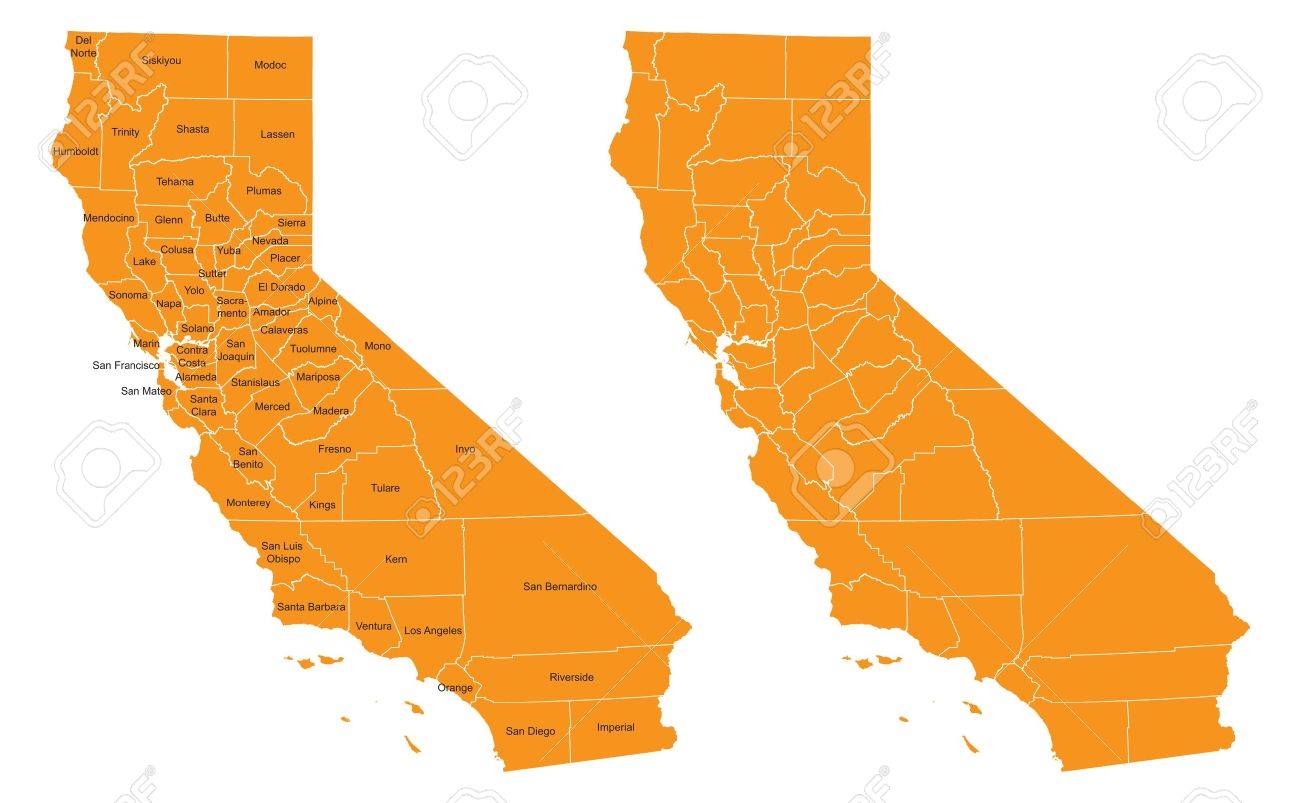 1300x803 Orange California County Map Vector With Names Royalty Free