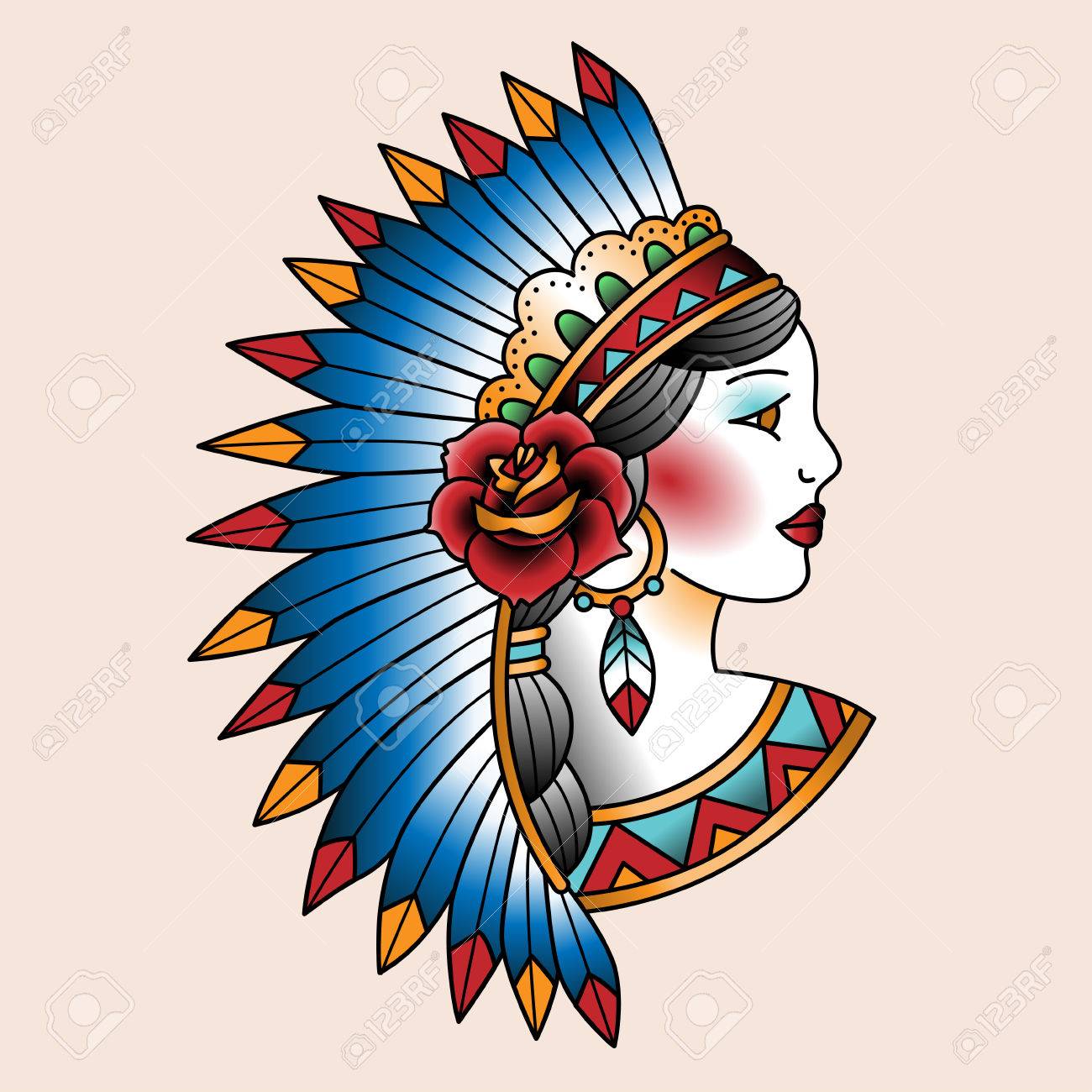 1300x1300 Native American Girl In National Headdress. Tattoo Art