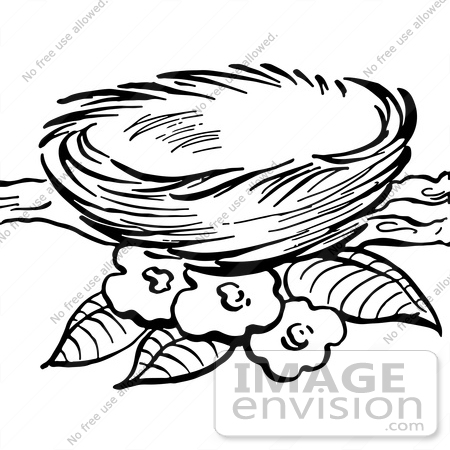 450x450 Clipart Of A Bird Nest And Blossoms On A Branch In Black And White