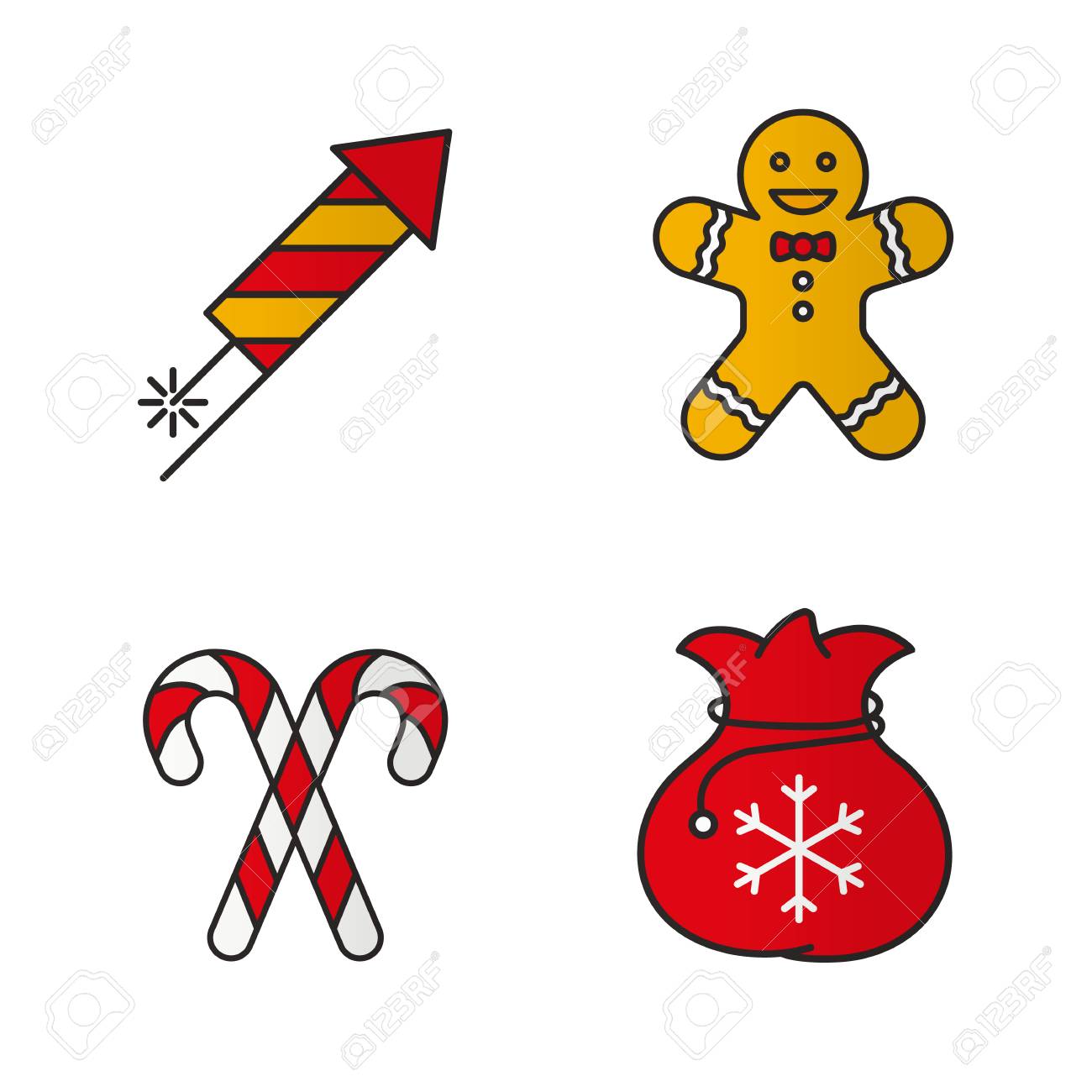 1300x1300 Christmas And New Year Color Icons Set. Rocket Firework, Ginger