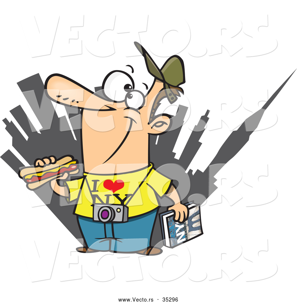 1024x1044 Vector Of A Smiling Cartoon Male Tourist Eating A New York Hot Dog