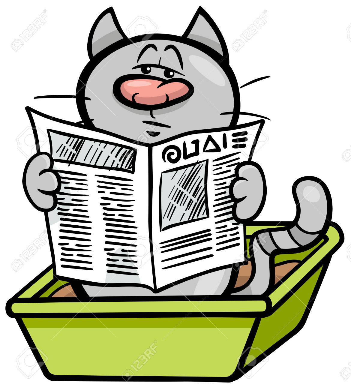 1170x1300 Cartoon Illustration Of Cat Reading A Newspaper In His Litter
