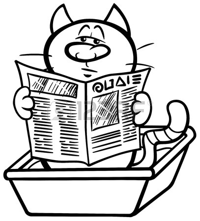 407x450 Cartoon Illustration Of Cat Reading A Newspaper In His Litter