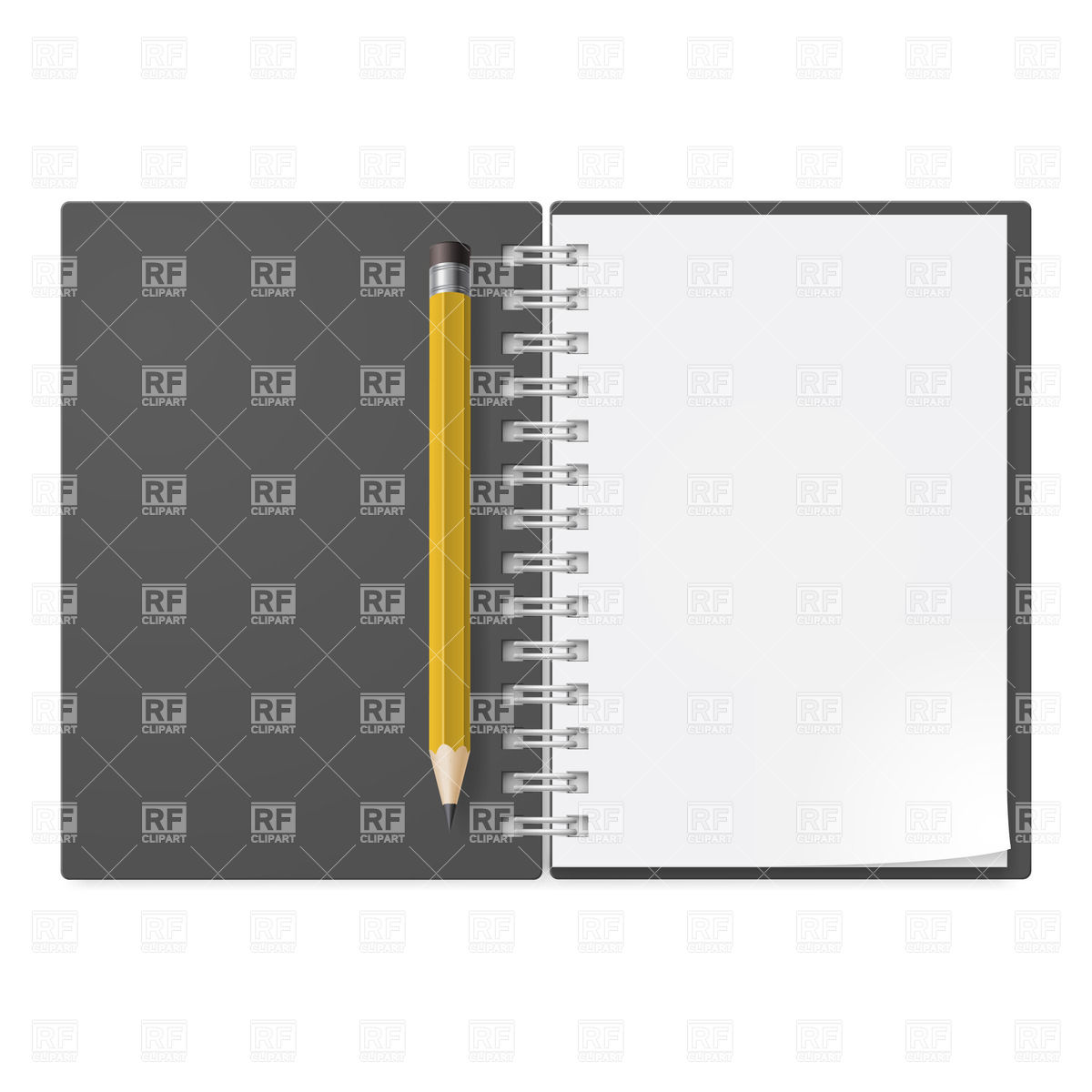 1200x1200 Open Spiral Notepad With Yellow Pencil Royalty Free Vector Clip