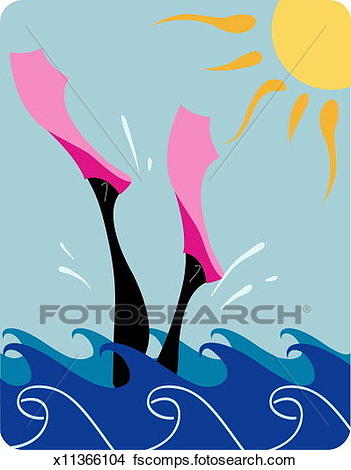 351x470 Drawings Of Woman Diving Into Ocean, Flippers Above Water, Low