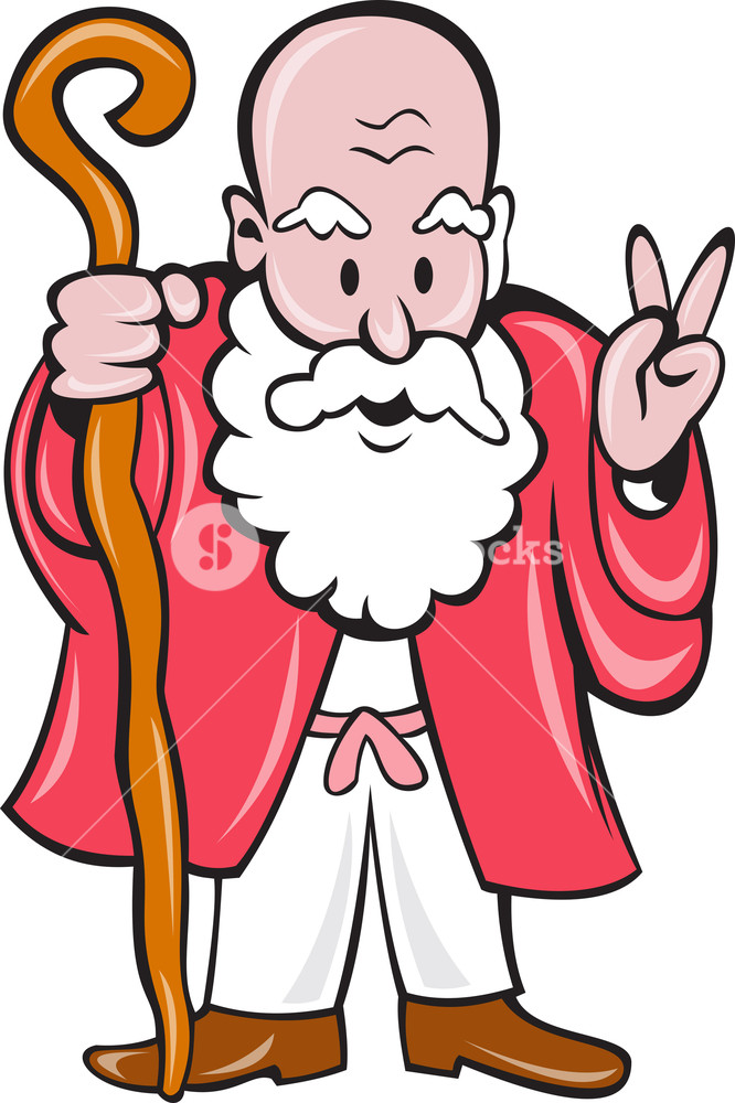 666x1000 Bearded Old Man Staff Peace Sign Cartoon Royalty Free Stock Image