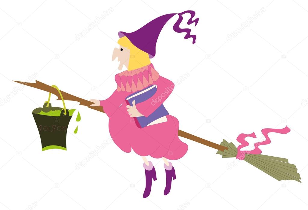 1024x700 Old Witch With Full Tin Bucket Of Poison On The Broom Stock