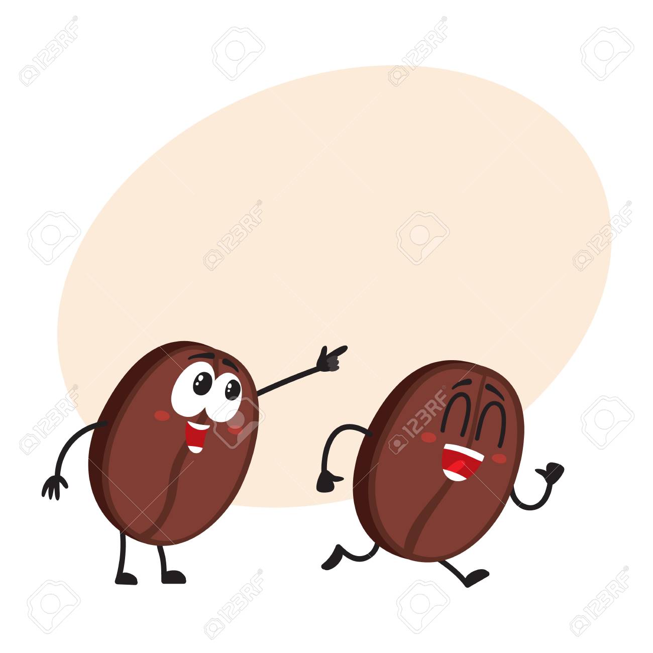 1300x1300 Two Funny Coffee Bean Characters, One Pointing, Showing Direction
