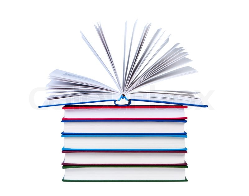 800x630 Open Book On Stack Of Books Isolated On White Stock Photo