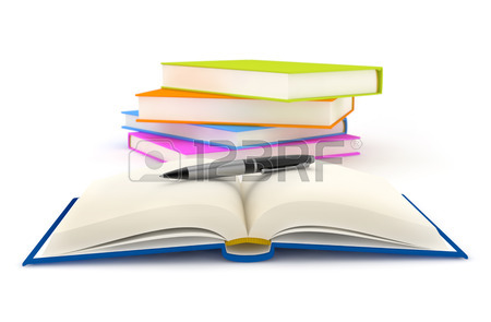 450x295 Pen Over An Open Book Stacked Books Stock Photo, Picture