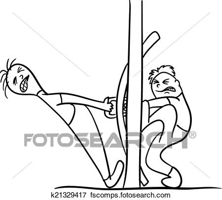 450x407 Clip Art Of Two Cartoon Character Trying To Open The Door, Vector