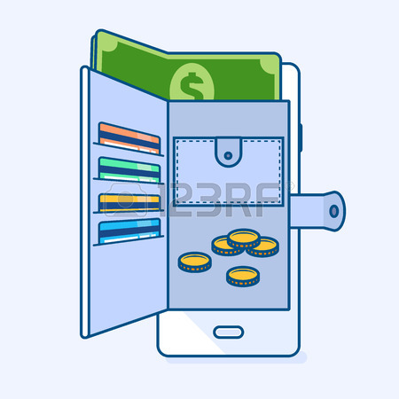 450x450 Vector Illustration Of Open Smartphone Mobile Wallet With Coins