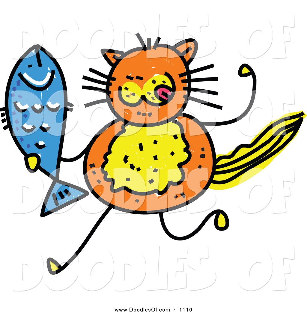 1024x1044 Vector Clipart Of A Doodle Of An Orange Cat Holding A Fish By