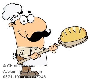 300x266 Cartoon Clip Art Illustration Of A Baker Man Baking A Loaf Of Bread