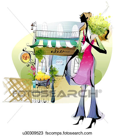 400x470 Drawing Of Side Profile Of A Woman Standing Outside A Flower Shop