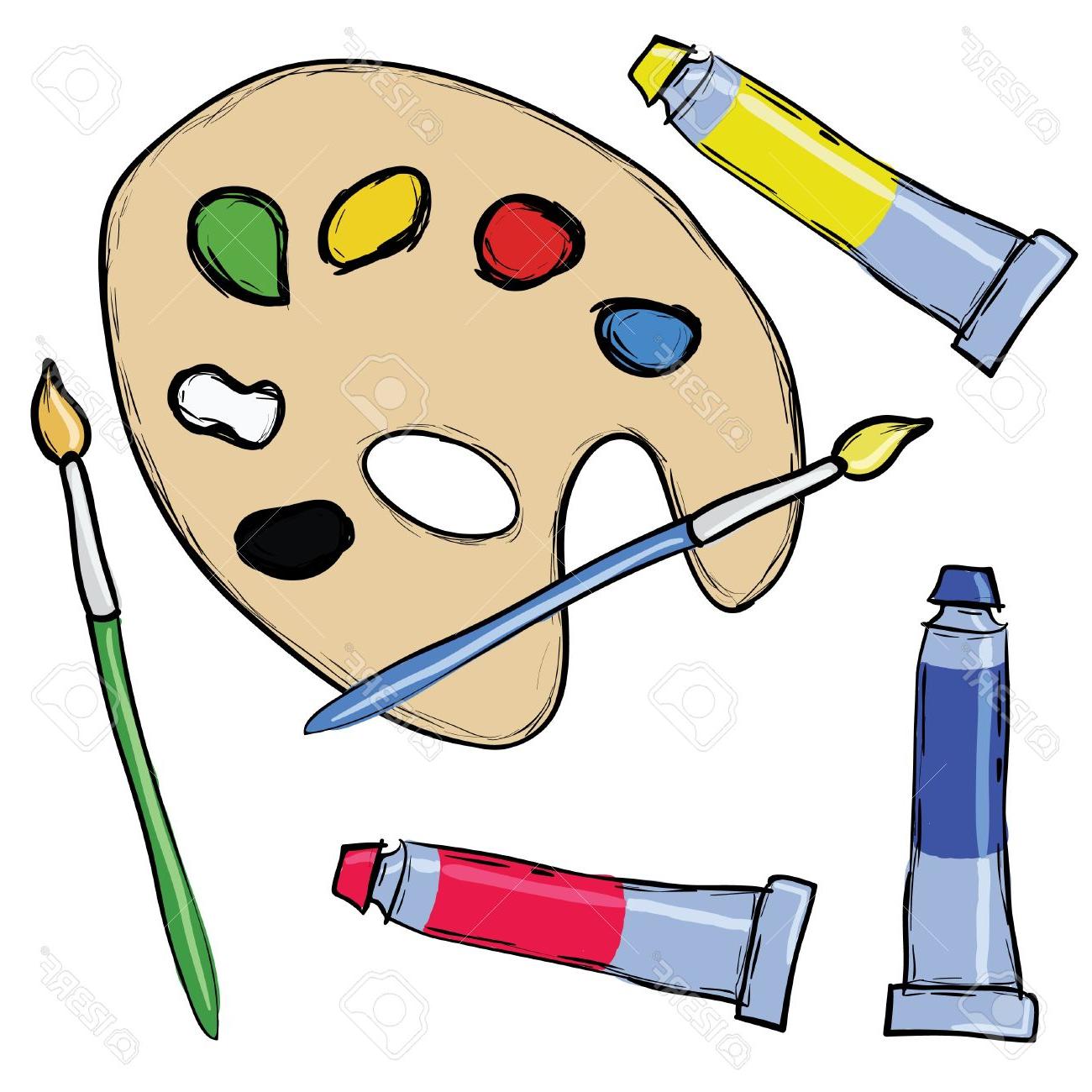 1300x1300 Unique Painting Set Palette Brush Tube Of Tempera Stock Vector