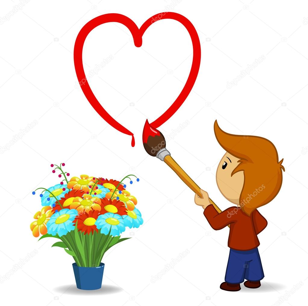 1023x1018 Cartoon Boy Drawing Heart Shape With Paintbrush Stock Vector