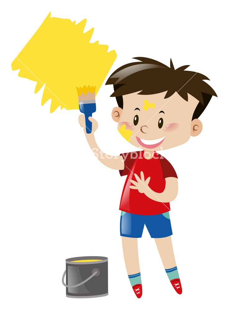 737x1000 Boy With Paintbrush And Yellow Paint Illustration Royalty Free