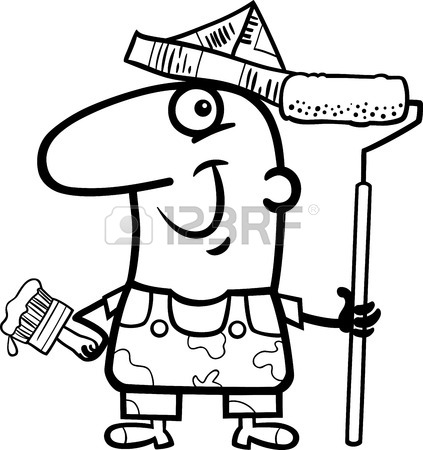 423x450 Black And White Cartoon Illustration Of Funny House Painter Worker