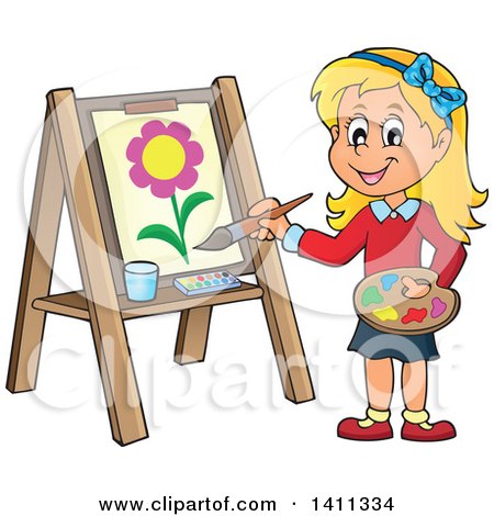 450x470 Clipart Of A Cartoon Caucasian Girl Painting A Flower On Canvas