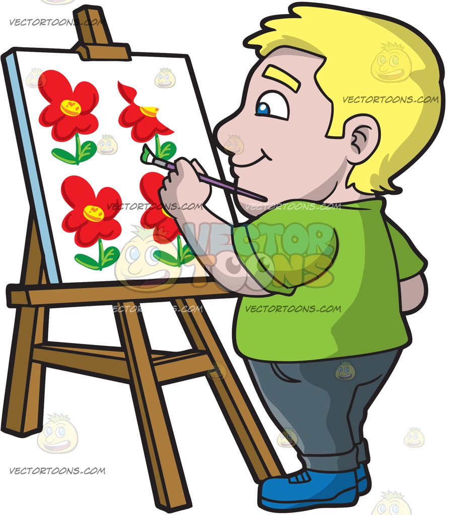 892x1024 A Chubby Man Painting Flower Art On Canvas Cartoon Clipart