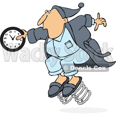 400x400 Of A Caucasian Man In Pajamas, Springing Forward With A Clock