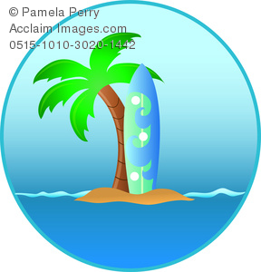 288x300 Clip Art Image Of A Tropical Hawaiian Island With A Surfboard