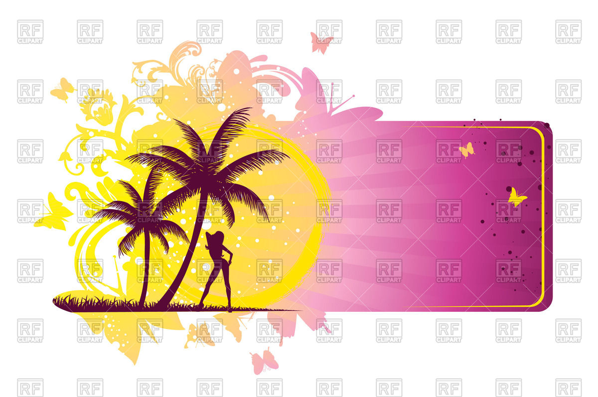 1200x797 Summer Banner With Woman, Sun And Palm Trees Royalty Free Vector