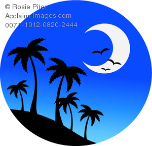 300x287 Clip Art Image Of Palm Trees On A Hill With Birds And A Half Moon