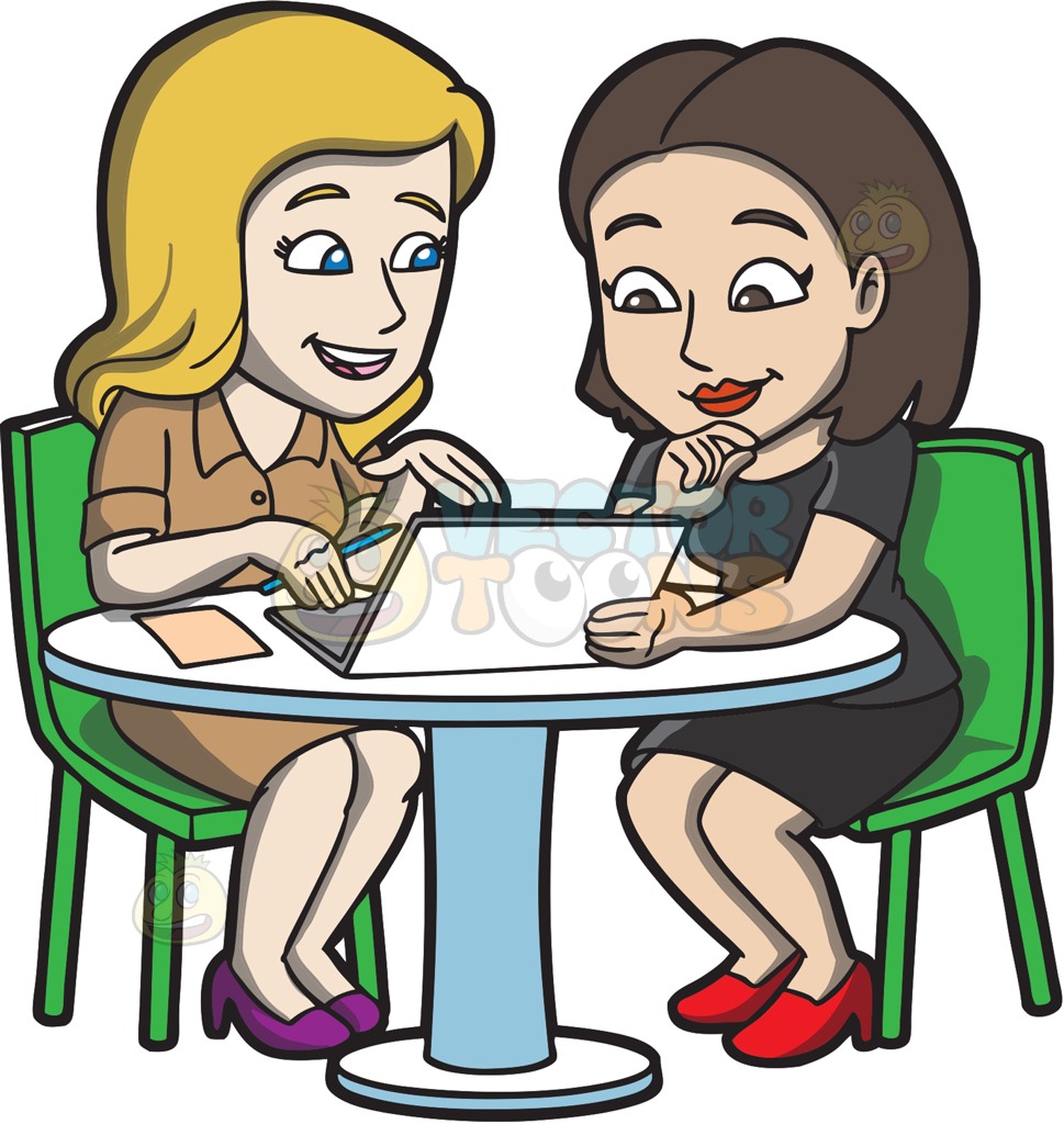 969x1024 Two Workers Happily Discuss A Project Cartoon Clipart