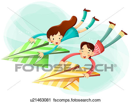 450x354 Clipart Of Boy And Girl Flying With Paper Airplane U21463081