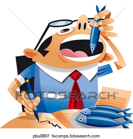 450x470 Stock Illustration Of A Man Doing Paperwork While Eating Fish
