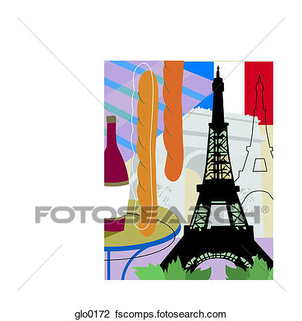 441x470 Clip Art Of A Collage Of Paris With The Eiffel Tower, Baguettes