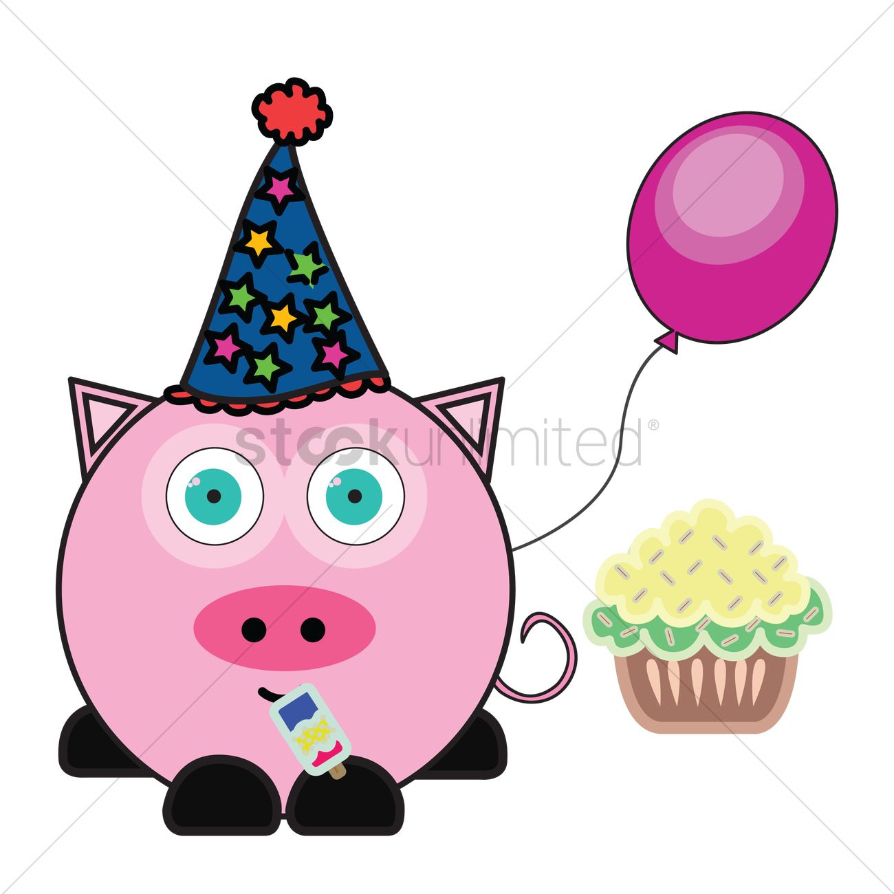 1300x1300 Pig With Party Hat, Balloon And Cupcake Vector Image