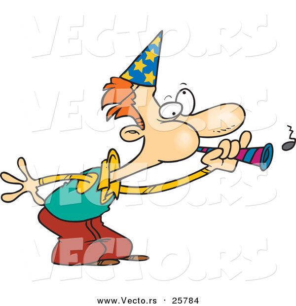 600x620 Cartoon Vector Of A Man Blowing A Party Horn By Toonaday