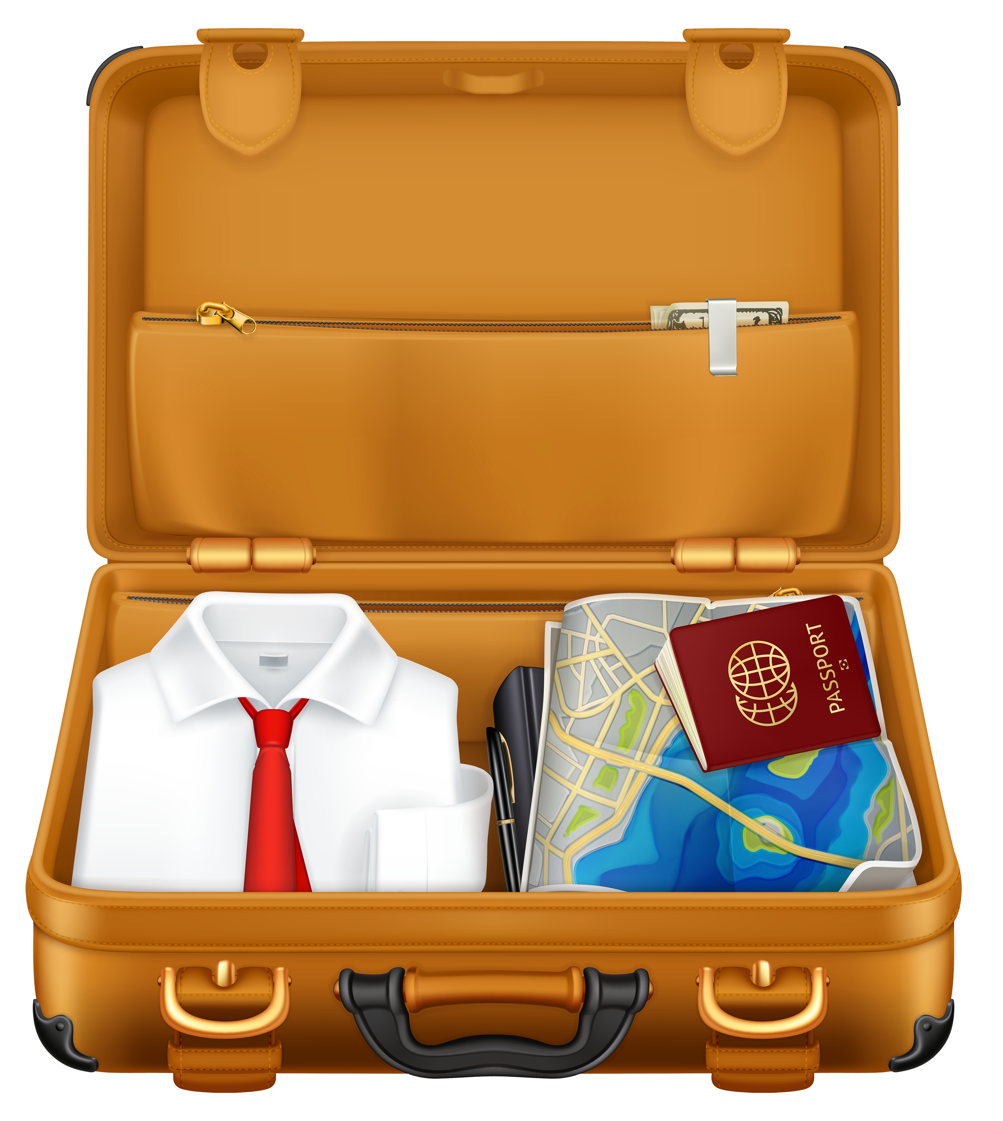 3500x3913 Brown Suitcase With Clothes And Passport Png Clipart Image