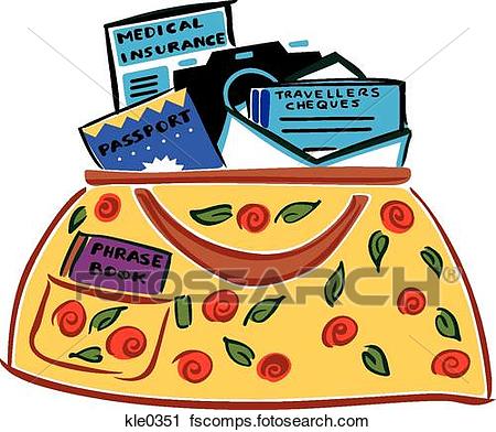 450x392 Clipart Of A Handbag With A Passport,phrase Book,travelers Checks