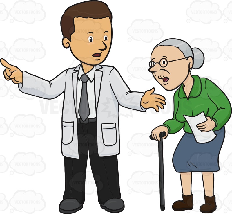 800x737 Doctor Is Pointing An Elderly Woman In The Right Direction Cartoon