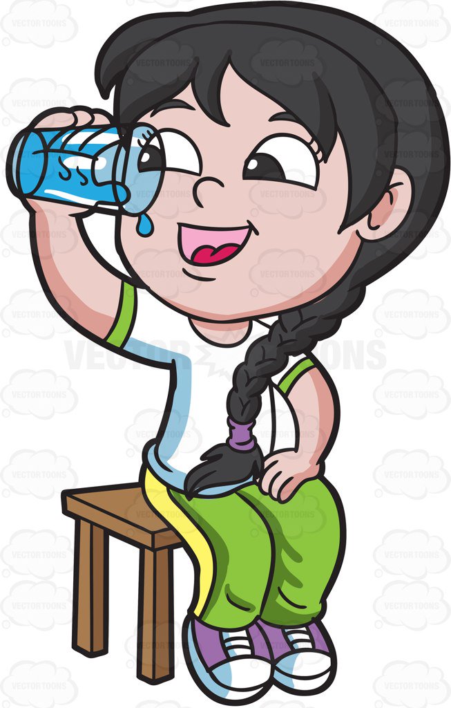 653x1024 A Happy Girl Drinks Water After Her Pe Class Cartoon Clipart