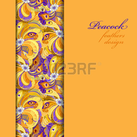 450x450 Orange Peacock Feathers. Circle Vector Design Background. Text