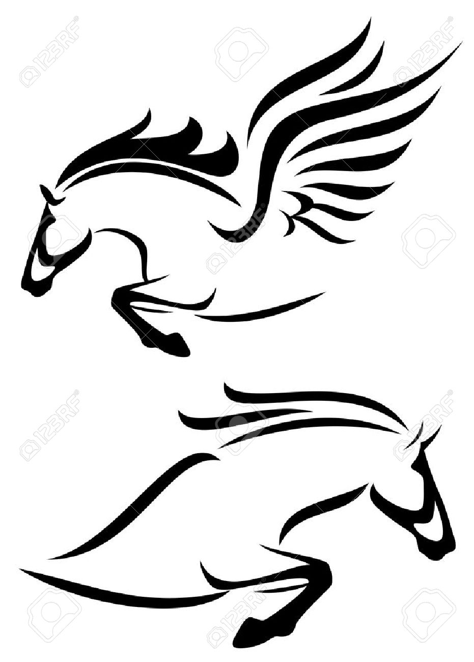 931x1300 Black And White Outlines Of Jumping Horse And Pegasus Royalty Free