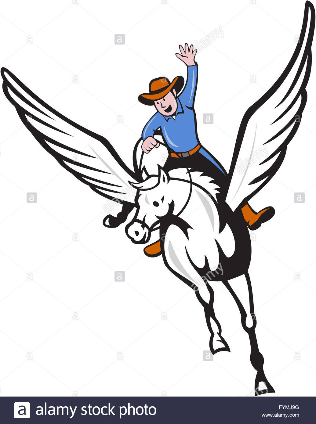 1035x1390 Cowboy Riding Pegasus Flying Horse Cartoon Stock Photo, Royalty