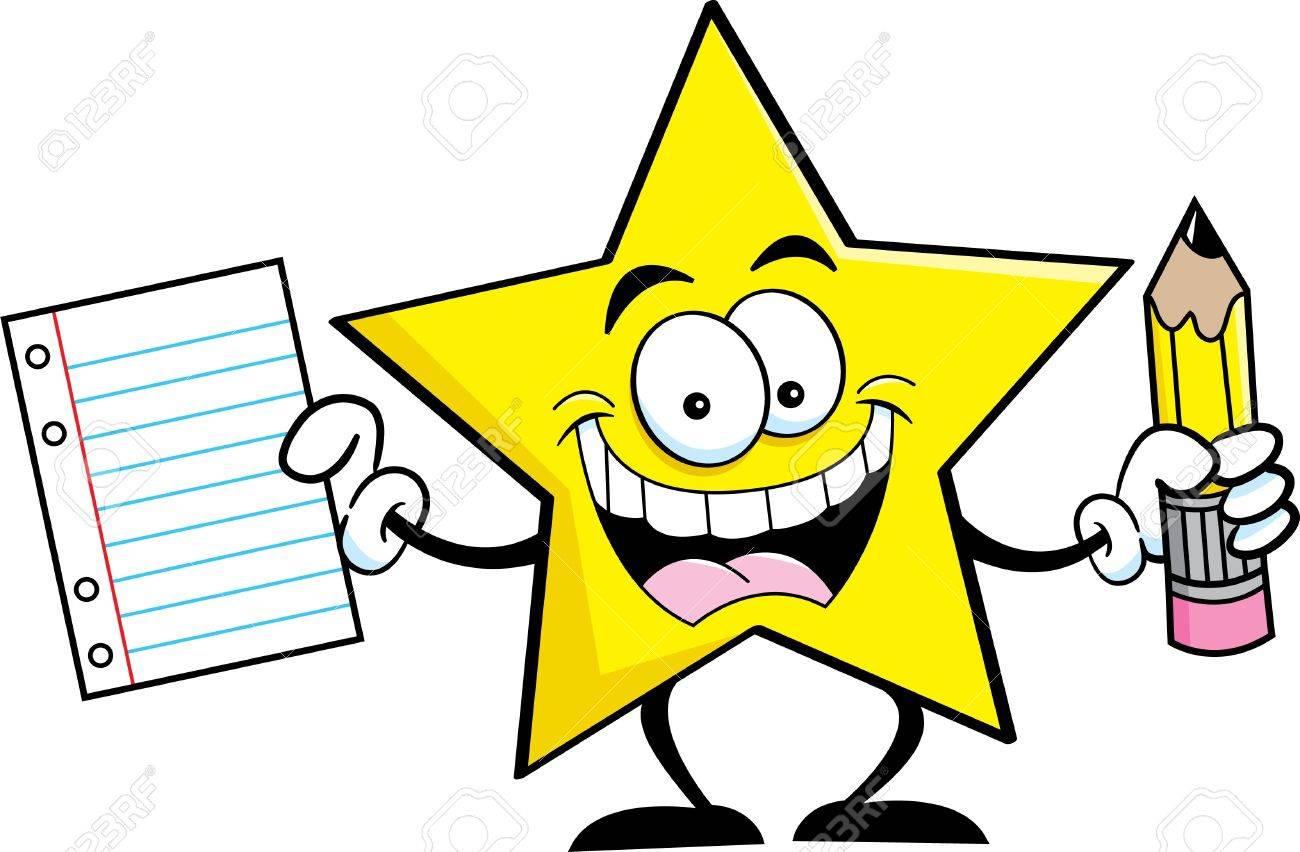 1300x852 Cartoon Illustration Of A Star Holding A Pencil And Paper Royalty
