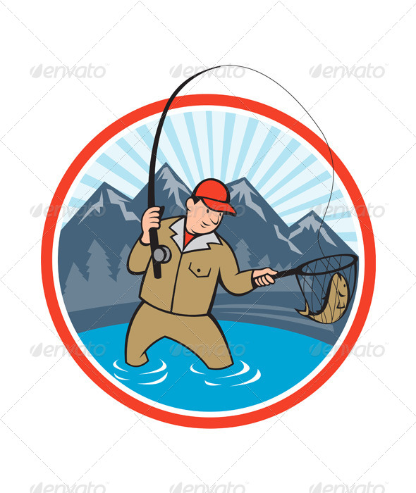590x700 Fly Fisherman Catching Trout Fish Cartoon By Patrimonio Graphicriver