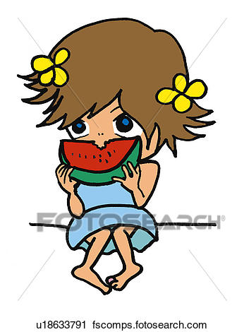 346x470 Clipart Of A Girl Eating Watermelon, Illustration, Cartoon