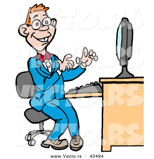 600x620 Vector Of Computer Geek Man In Blue Suit, Working On